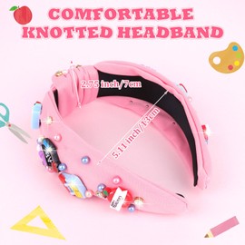 Brimekichio Teacher Headband Pink Knotted Back to School Headband Rhinestone Pearl Embellished Teacher Accessories for Women