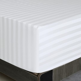 Full Size Striped Fitted Sheet Only White Color, 100% Egyptian Cotton 600 Thread Count, 16" Deep Pocket Premium Cotton Mattress Sheet (1 Bottom Sheet Only)