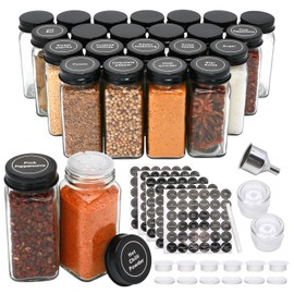 Maredash 24pcs Spice Jars with180 Labels,Glass Spice Jars, Seasoning Containers,Seasoning Organizer,Include black metal lid, pen, grinder, stainless steel funnel, two type inner plugs
