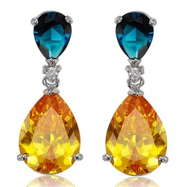[RIZILIA CELEBOX] Teardrop Dangle Pierced Earrings with Pear Cut Gemstones CZ [Multi Coloured] in 18K White Gold Plated, Celebrity inspired by Angelina Jolie