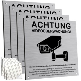 Video Surveillance Private Property Sign with DSGVO Notice, Pack of 4, 15 x 15 cm, Attention Video Surveillance Sign, for Surveillance Camera or Dummy Camera Indoor Outdoor (Aluminium Composite)