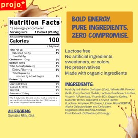 Projo* Power Coffee – Instant Coffee with 12g Hydrolyzed Marine Collagen & 175mg Caffeine – High Protein Energy Boost Coffee for Men & Women – Smooth Caramel Flavor – 12 Single-Serve Packets