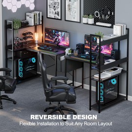 Grandder 40 Inch L Shaped Computer Desk with Reversible Storage Shelves, Home Office Corner Desk Study Writing Table with Hutch, Study, Black