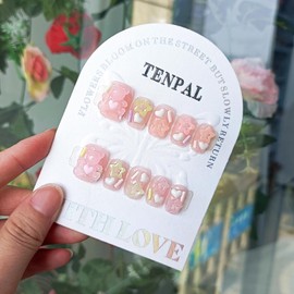 TENPAL Short Square Press on Nails Sweet Cute Bears Glue on With Nails Handmade Pink Nail Tips Wearable Fake Nails Press Ons Wtih Designs Acrylic Nails Full Cover False Nails for Women Girls 10pcs(L)