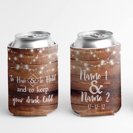 VictoryStore Custom Wedding Can Coolers: To Have and To Hold and To Keep Your Drink Cold, Brown Wood Design, Standard Size Can Coolers, Set of (50)