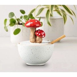 dgudgu Mushroom Salt Cellar With Lid Ceramic Salt Box White Salt Bowl Salt Container With Lid Salt Pig With Bamboo Spoon Salt Holder Salt Well Salt Keeper