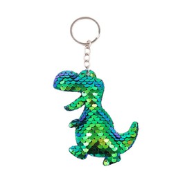QTKJ Cute Reversible Mermaid Glitter Pompom Sequins Dinosaur Pendant Keychain Key Chain for Women Car Bag Accessories Key Ring (Green)