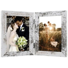 Golden State Art, 5x7 Double Picture Frame Vertical Hinged Photo Frame 2 Opening Folding Family Frames Collage, with Real Glass (5x7, Weathered White, 1-Pack)