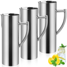 Vesici 3 Pack Stainless Steel Water Pitcher 53oz/1.5l Silver Flat Mouth Metal Water Pitcher with Ice Guard and Handle, Modern Polished Metal Iced Hot Drink Carafe Jug for Beer Tea Juice Coffee Milk