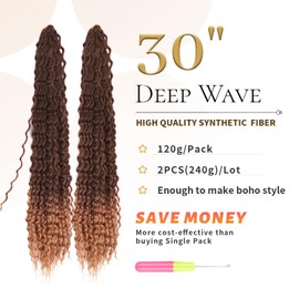 BLL Curly Braiding Hair For Boho Braids Ocean Wave Crochet Hair Human Hair Blend 2 Packs Deep Wave Long Wavy Braiding Synthetic Hair Extensions For Black Women (30 Inch(Pack of 2), T30)