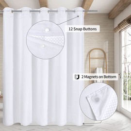 MitoVilla No Hooks Required Extra Long Shower Curtain Set with Snap-in Liner, 86 inch XL White Waffle Heavyweight Fabric Cloth Shower Curtains for Modern Luxury Hotel & Spa Bathroom Decor