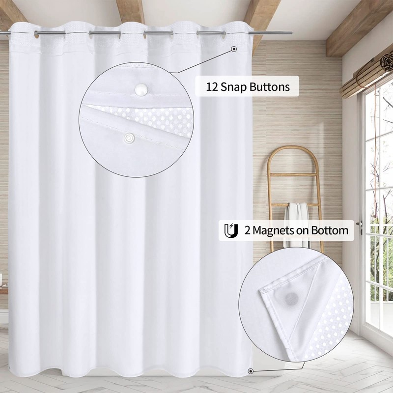 MitoVilla No Hooks Required Extra Long Shower Curtain Set with