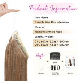 REECHO Invisible Wire Hair Extensions with Transparent Headband Adjustable Size Removable Secure Clips in Straight Secret Hairpiece for Women (24 Inch (Pack of 1), Dark Blonde)