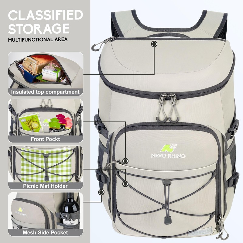 N NEVO RHINO Backpack Cooler, 36 Cans, Light Gray, Nylon,