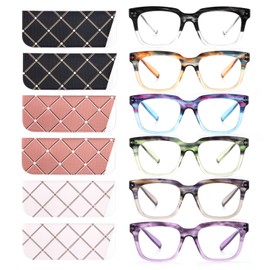 CHOFILORD 6 Pack Fashion Reading Glasses for Women Men Blue Light Blocking Oversized Square Readers with Spring Hinge (6 Pack Colorful, 3.00)