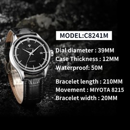CADISEN Automatic Watch Men's Sapphire Glass Waterproof Genuine Leather Strap Wrist Watch, black, Strap.