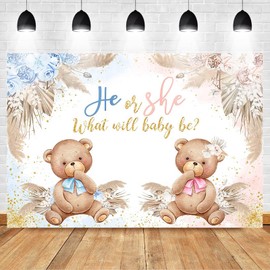 Avezano Boho Bear Backdrop Reveal His or Hers Party Decorations Bohemian Pampas Grass Pink or Blue for Party Photography Backdrop for Photo Booth (7x5ft)