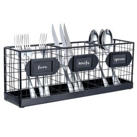 MyGift Wall Mountable Black Metal Utensil Holder Organizer, 15.7" Countertop Kitchen Silverware Flatware Caddy Holder Storage Basket with 3 Compartments and Chalkboard Labels