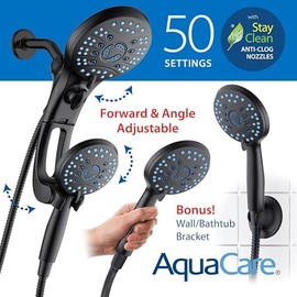 AquaCare for California As-Seen-On-TV High Pressure Handheld Rain 50-mode 3-way Shower Head Combo with Adjustable Arm, Anti-clog Jets, Tub & Pet Power Wash, 6 ft. Stainless Steel Hose, Matte Black