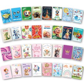 Kids Birthday Cards pack of 32. Mixed Girl and Boy Cards. Each Birthday Card Multipack includes 16 cards for Boys and 16 cards for Girls. Ecofriendly and UK made. Blank inside. Large 172 x 122mm size