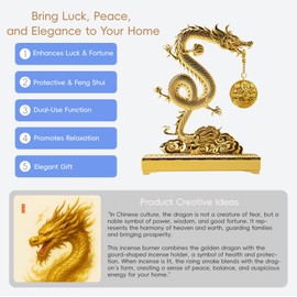 Hormsdar Golden Chinese Hanging Dragon Incense Burner for Sticks & Cones, 2 in 1 Brass Metal Censer with Ash Catcher, Easy to Clean with Brush, Elegant Incensario for Home Decor & Gift Box