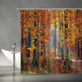 AMFD Fall Forest Shower Curtain Autumn Tree Fallen Leaves Woodland Nature Season Scene Farm House Home Fabric Bathroom Curtains Decor Set Include Hooks,(70inch WX70 H), Yellow Red