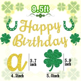Lucky Happy Birthday Banner, Shamrock Birthday Bunting Sign, Happy St Patrick's Day 1st Birthday Irish Baby Shower Party Decorations Supplies, Gold Glitter