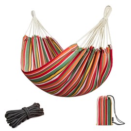 JoyView Brazilian Hammock for Single Person - Portable Cotton Hammock with Hanging Ropes & Carry Bag - 78.8x39.4' - 300LBS Capacity - Red & Green Stripes