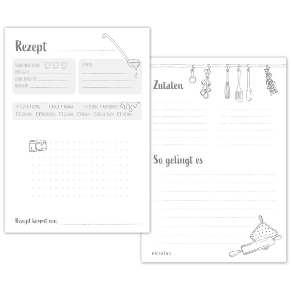 PICTALOO Recipe Cards for Writing Yourself, 30 Double-Sided A5 Recipe Sheets with Plenty of Space, for Recipe Folder, Recipe Box and Recipe Folder - Flexible Recipe Book Alternative for Your Favourite