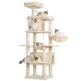 Heybly Cat Tree, 70-Inch Cat Tower for Indoor Cats, Multi-Level Plush Cat Condo with 8 Scratching Posts, 2 Caves, 2 Perches, Hammock, Basket, Pompom, Beige HCT036M