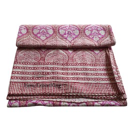 HomeExportKing Pink Floral Hand Block Print Kantha Quilt/Cotton Kantha Bed Cover Indian Kantha Quilt King Size Bedspread Hondmade Kantha Home Decor Sheet