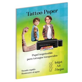 Papel para Tatuajes Temporales, A4, 5 Hojas, Compatible con Impresoras de Inyección de Tinta, Resistente al Agua