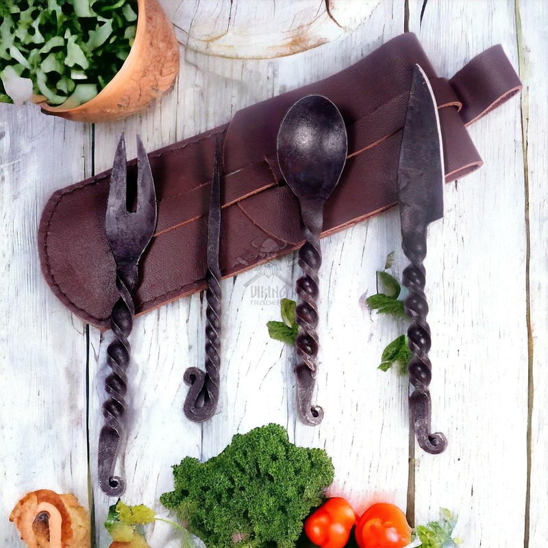 Viking Traders Hand-Forged Medieval Twisted Dining Hall Eating/Feasting Utensils set