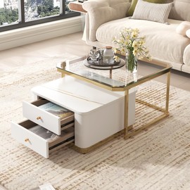 27.6'' Modern 2 Pieces White Square Nesting Coffee Table with Drawers & Electroplated for Living Room Gold Legs