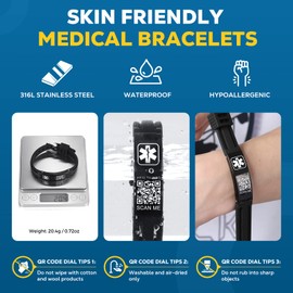 Theluckytag Medical Bracelets for Men Women with QR Code Medical Alert ID Bracelets - Silicone Waterproof Wristband Fits Wrists Up to 8'' - More Space Custom Emergency Info