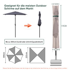Sekey Parasol Protective Cover with Pole, Cover for Diameter 300 cm, Garden Umbrella with Ventilation Holes, Cover for Market Umbrella/Balcony Umbrella, 100% Polyester, Waterproof, Khaki