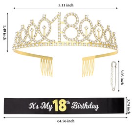 CAVETEE Gold 18th Birthday Sash and Tiara, 18th Birthday Crown and It's My 18th Birthday Sash for Girls Kit Birthday Decoration 18th Birthday Party Gifts