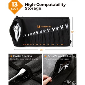 Foxrino Wrench Roll, Wrench Roll Up Pouch, 13-Pocket Heavy Duty Canvas Wrench Organizer Bag for SAE Combination Wrenches, Portable Tool Roll Bag, Gifts for Men for Christmas(Black, 13+1 SAE)