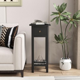 Giantex Narrow End Table with Drawer, Tall Acacia Wood Side Table with Bottom Shelf, Modern Bedside Tables, 2-Tier Nightstand for Small Spaces Bedroom Living Room, No Assemble Required, Black