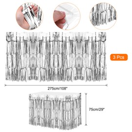 sourcing map 3 Pcs 29x108 Inch Silver Metallic Foil Fringe Tinsel Table Skirts for Rectangle Tables Tinsel for Wedding Birthday Party Decoration