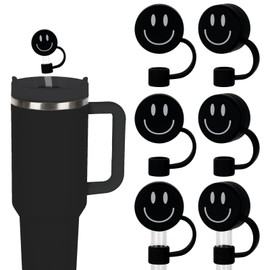 Whaline 6Pcs Black Smile Face Straw Covers 0.4 Inch Silicone Reusable Round Straw Toppers Double Sided Pattern Straw Tip Covers for 30 & 40 OZ Tumbler with Handle