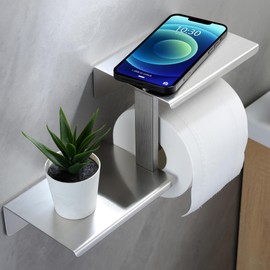 Adhesive Toilet Paper Holder with Double Phone Shelf, Stick on Toilet Tissue Roll Holder Without Drilling, Rustproof & 304 Stainless Steel Bathroom Storage Dispenser