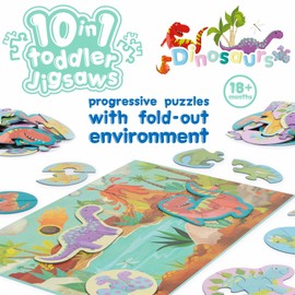 Progressive 10-in-1 Puzzles for Toddlers from 18 Months - Dinosaur Toddler Puzzles / Development Toy for Children - Dinosaur Puzzle by boppi Made from 100% Recycled Cardboard