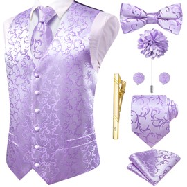Hi-Tie Jacquard Silk Lavender Suit Dress Vests For Men Tie Bowtie Set Lapel Pin Gold Tie Clip Paisley Floral Waistcoat 8PCS Set Tuxedo Wedding Party