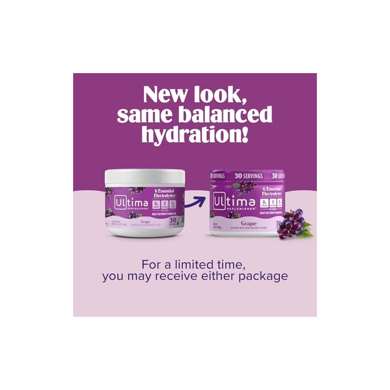 Ultima Replenisher Electrolyte Hydration Powder, Grape, 30 Serving Canister -