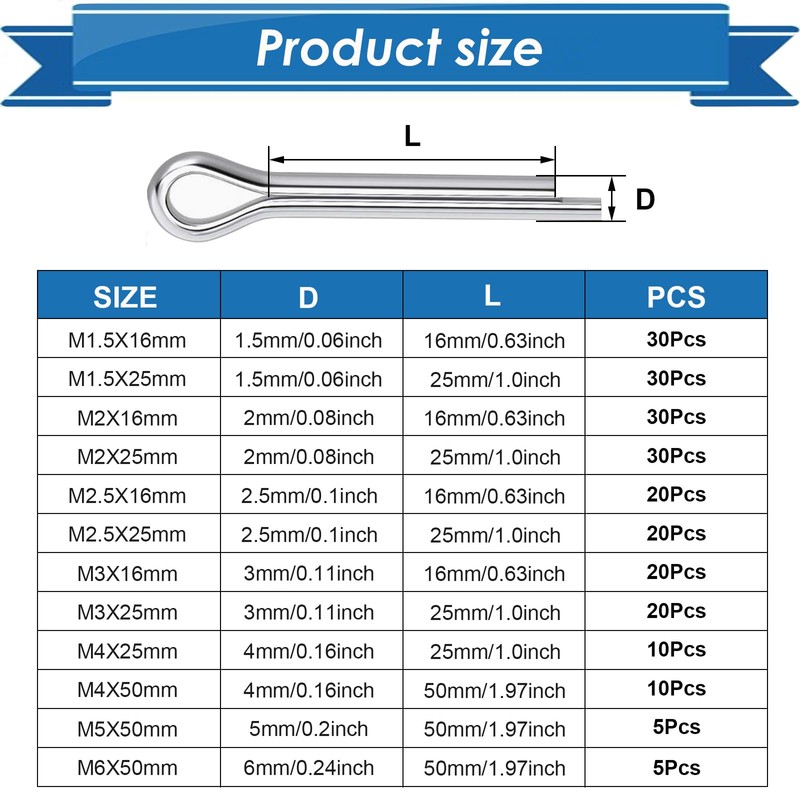 Eoppen 230Pcs Cotter Pin Assortment Kit - 304 Stainless Steel