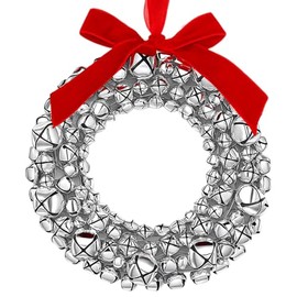 Suncalla 9.8 Inch Christmas Metal Silver Jingle Bell Wreath Ornament Red Bow Pendant for Xmas Tree Hanging Decor Front Door Porch Wreath for Window Indoor Outdoor Home Wall Decor
