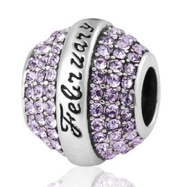Love Birthday 12 Colors Jan-Dec Charms 925 Sterling Silver Birthstone Crystal Bead for 3mm Snake Chain Bracelet (Light Purple February)