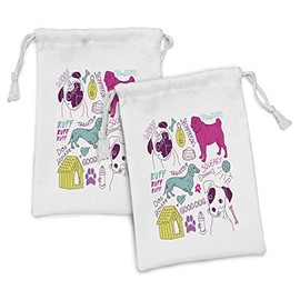 Lunarable Dog Lover Fabric Pouch Set of 2, Love Dogs! Doodles Footprint Food House Kennel Bowl Ball Toy Play Time, Small Drawstring Bag for Toiletries Masks and Favors, 9" x 6", Multicolor