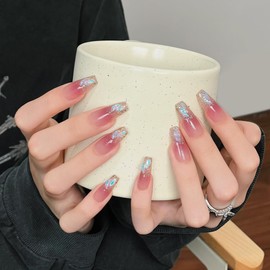 Pure Handmade Nails Press on Nail Reusable Fake Nails Purple Rhinestones Bling Bling Medium Stick on Nails French Tip False Nails 10pcs (S, Q277)